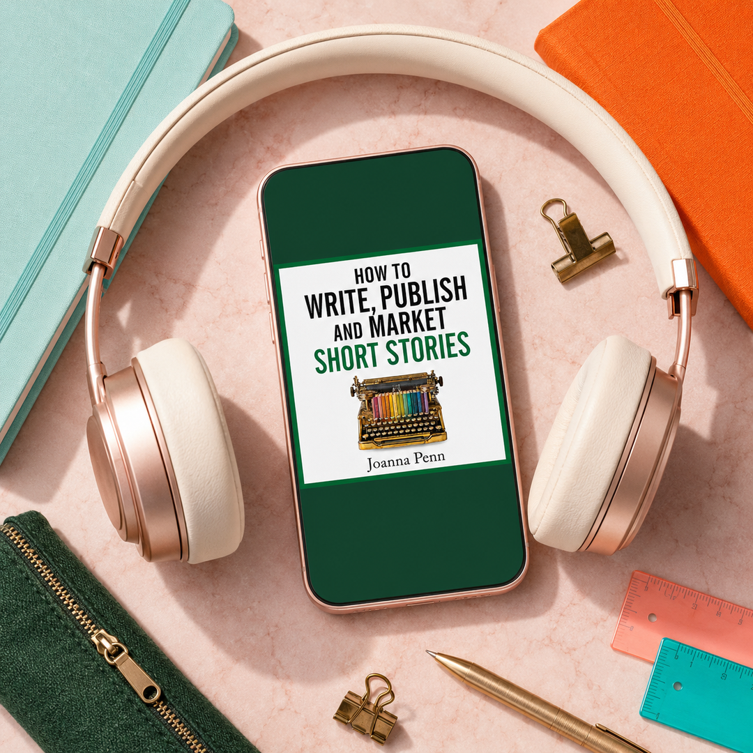 How to Write, Publish, and Market Short Stories audiobook by Joanna Penn playing on a phone surrounded by headphones and notebooks