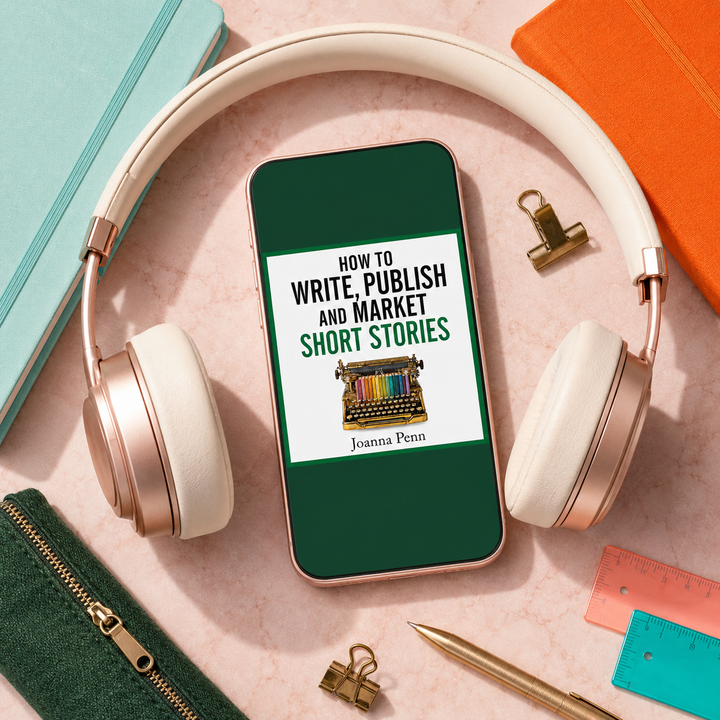 How to Write, Publish, and Market Short Stories audiobook by Joanna Penn playing on a phone surrounded by headphones and notebooks