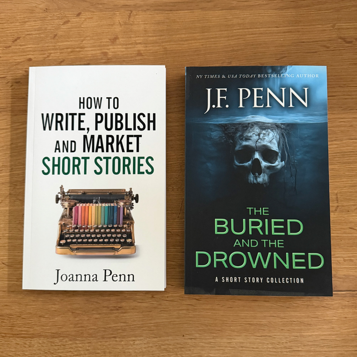 Paperbacks of How to Write, Publish and Market Short Stories and the short story collection The Buried and the Drowned side by side