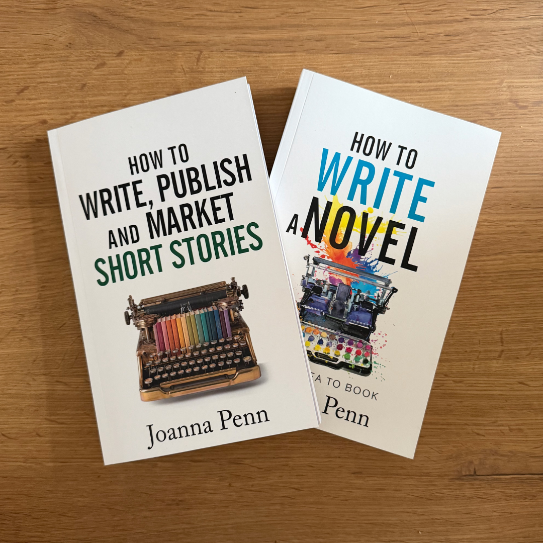How to Write, Publish, and Market Short Stories and How to Write a Novel paperbacks by Joanna Penn on a wooden table