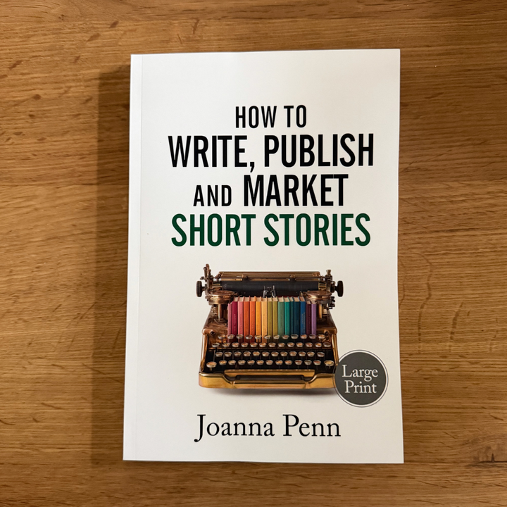 How to Write, Publish, and Market Short Stories Large Print paperback by Joanna Penn on a wooden table