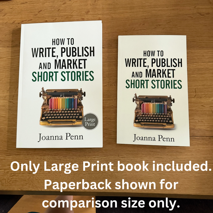 Large Print edition next to the standard paperback of How to Write, Publish, and Market Short Stories for size comparison. Only the Large Print book is included.