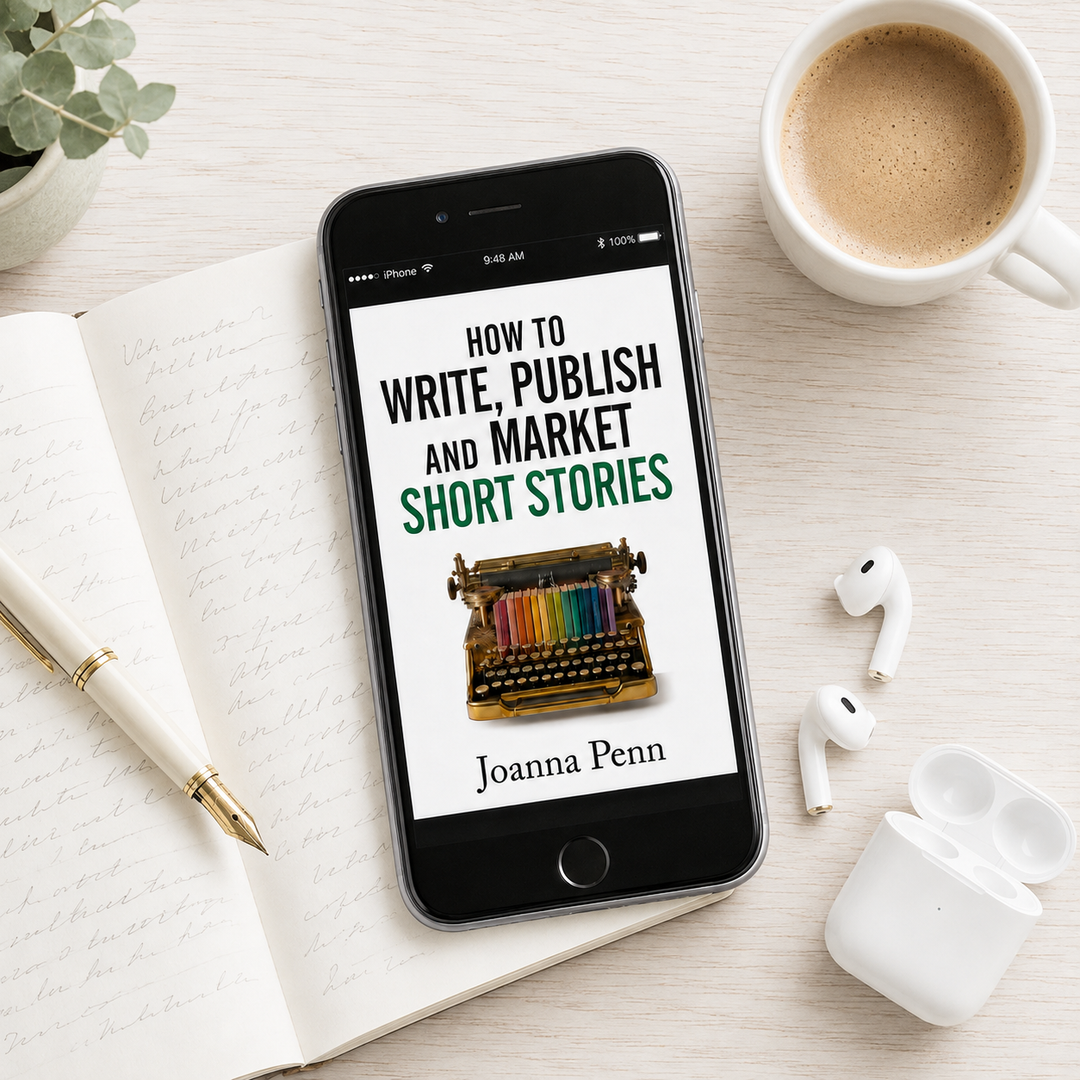 How to Write, Publish, and Market Short Stories audiobook by Joanna Penn on a phone, beside wireless earbuds, a coffee, and an open handwritten notebook with a fountain pen