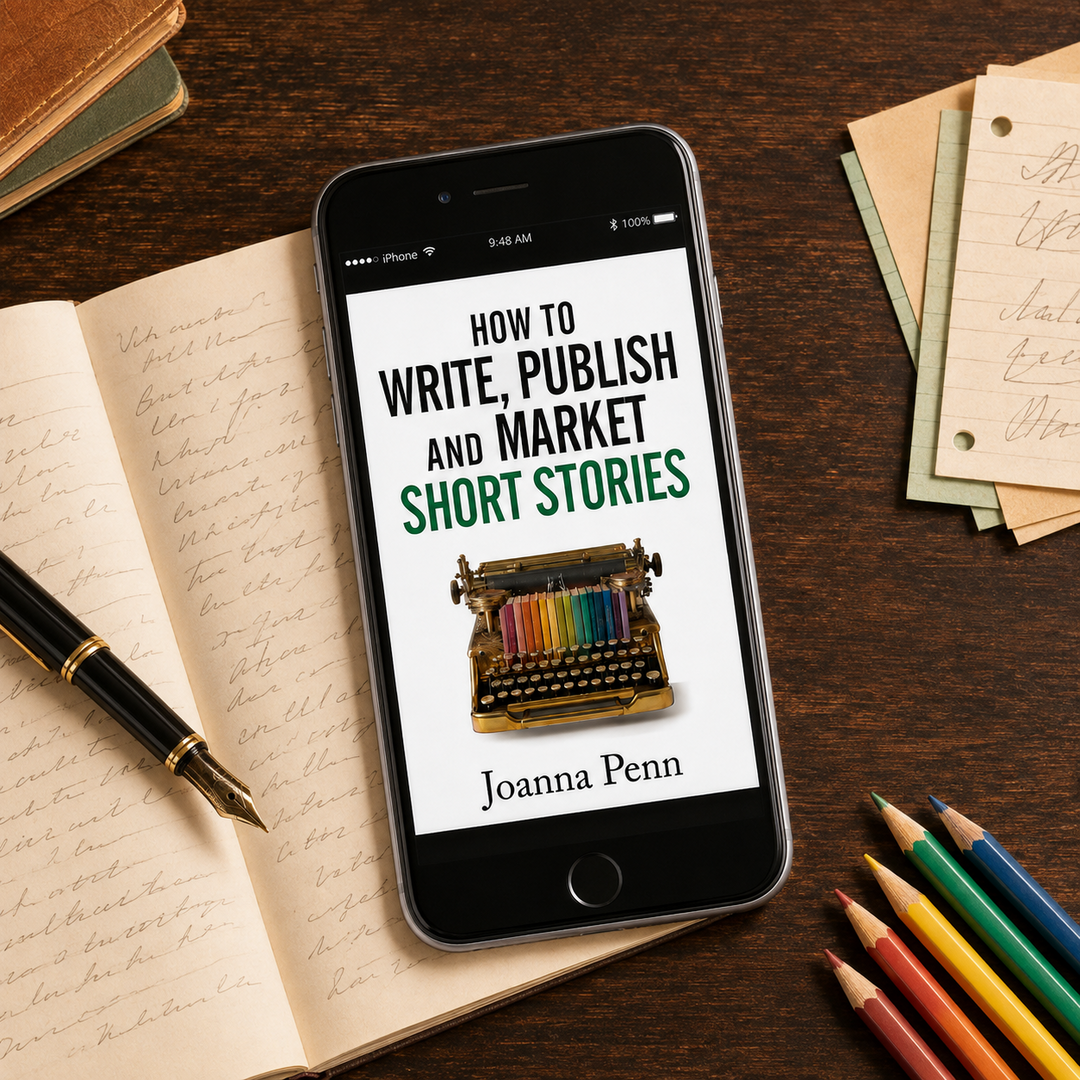 How to Write, Publish, and Market Short Stories ebook by Joanna Penn on a phone, lying on an open handwritten notebook with a fountain pen and coloured pencils