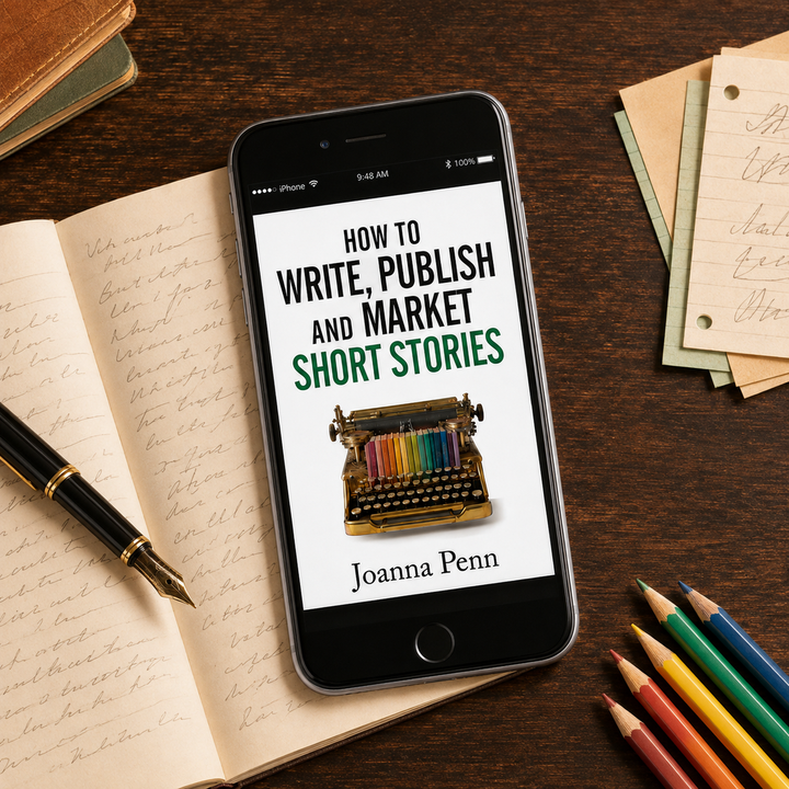 How to Write, Publish, and Market Short Stories ebook by Joanna Penn on a phone, lying on an open handwritten notebook with a fountain pen and coloured pencils