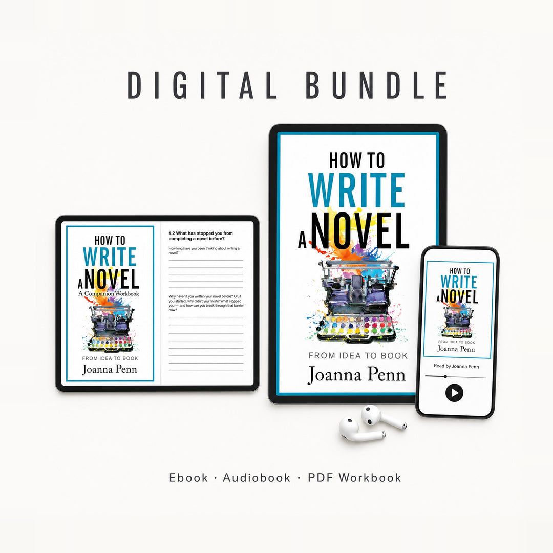 How to Write a Novel Digital Bundle by Joanna Penn: the ebook on a tablet, the audiobook read by Joanna Penn on a phone, and the PDF companion workbook on a second screen